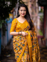 Thumbnail for Mitera Yellow Kalamkari Printed Zari Woven Design Saree - Distacart