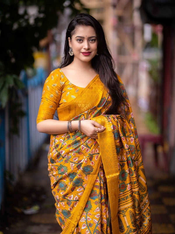 Mitera Yellow Kalamkari Printed Zari Woven Design Saree - Distacart