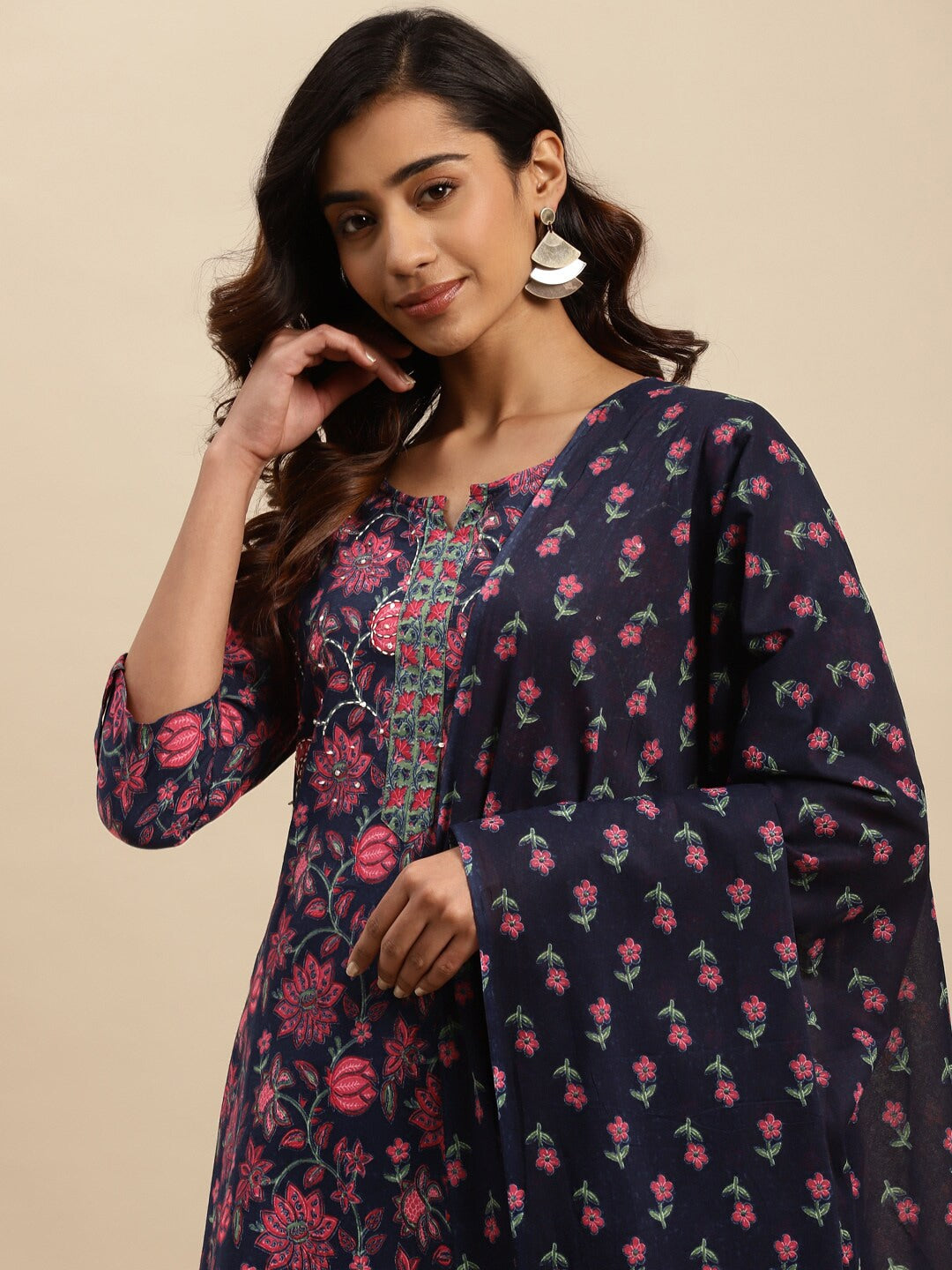 Sangria Navy Blue Floral Printed Beads and Stones Pure Cotton Kurta With Trouser & Dupatta - Distacart