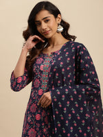 Thumbnail for Sangria Navy Blue Floral Printed Beads and Stones Pure Cotton Kurta With Trouser & Dupatta - Distacart