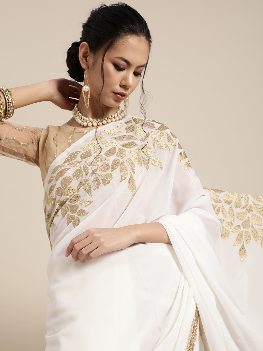 Saree Mall White & Golden Floral Muga Saree - Distacart
