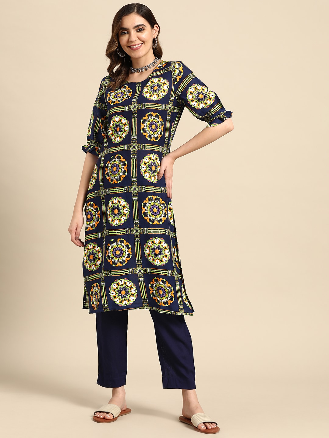 Sangria Women Ethnic Motifs Printed Kurta with Trousers - Distacart