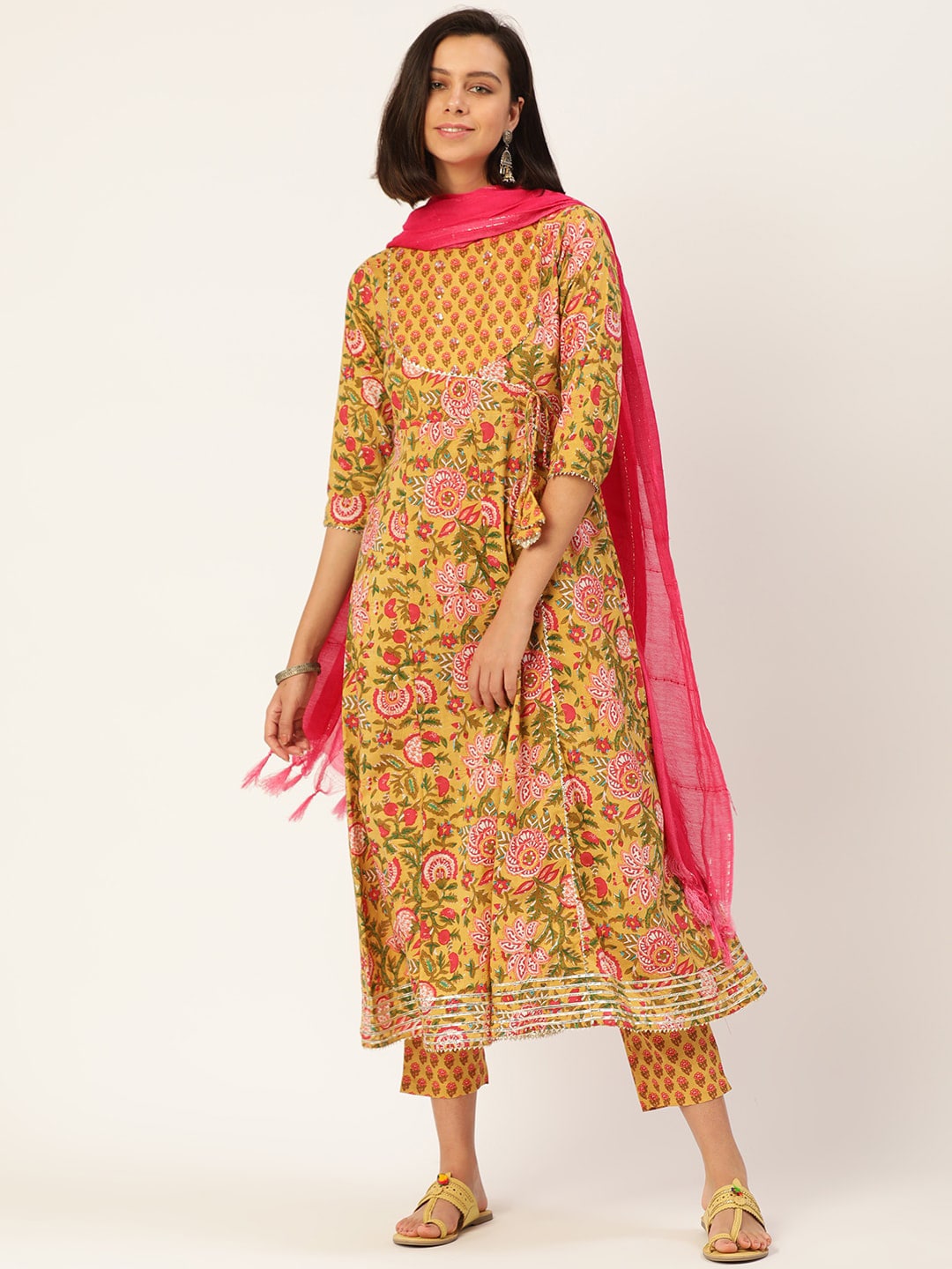 HERE&NOW Women Mustard Yellow Floral Printed Angrakha Gotta Patti Pure Cotton Kurta with Trousers & With - Distacart