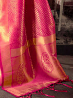 Thumbnail for Mitera Pink & Golden Ethnic Motifs Zari Silk Blend Kanjeevaram Saree - Distacart