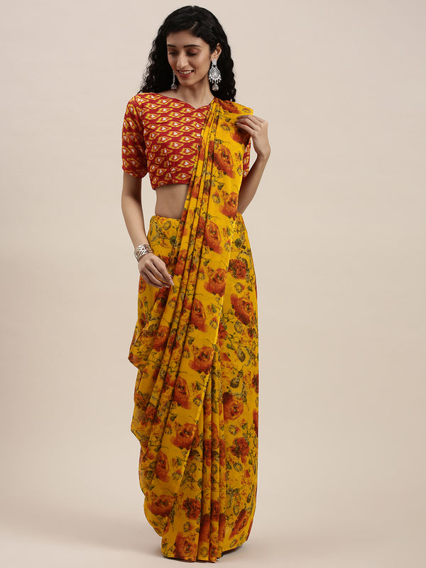 Kalini Yellow Floral Printed Saree - Distacart