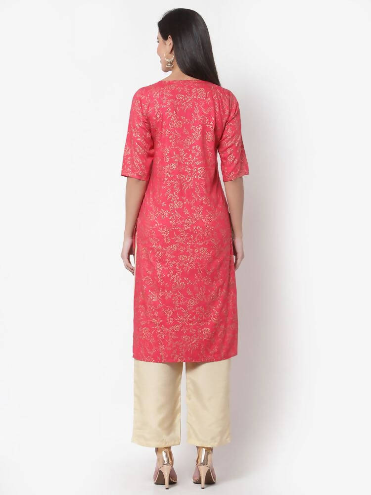 Myshka Women's Pink Rayon Printed Regular Sleeves Round Neck Casual Kurta