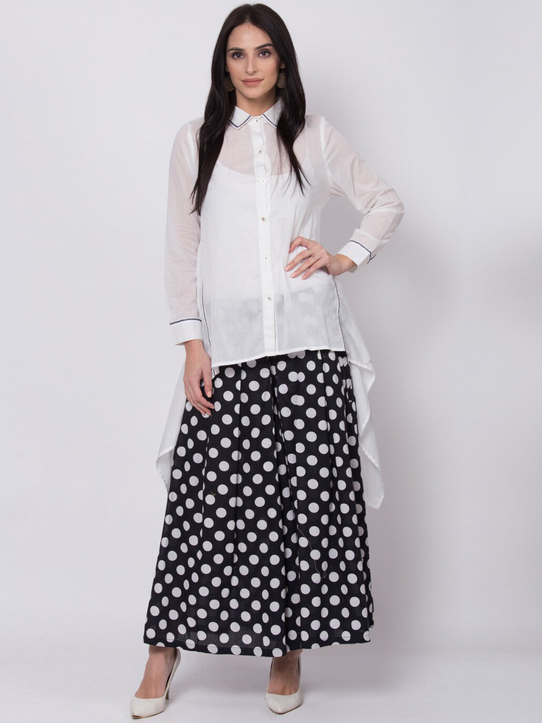 Biba Women White & Black Solid A-Line Shirt Collar Kurta - Distacart