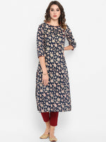 Thumbnail for Janasya Navy Blue Ethnic Motifs Printed Regular Pure Cotton Kurta with Trousers - Distacart