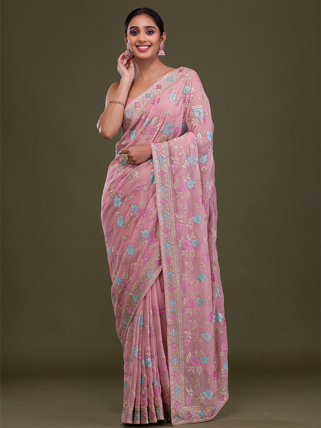 Koskii Floral Embroidered Saree - Distacart
