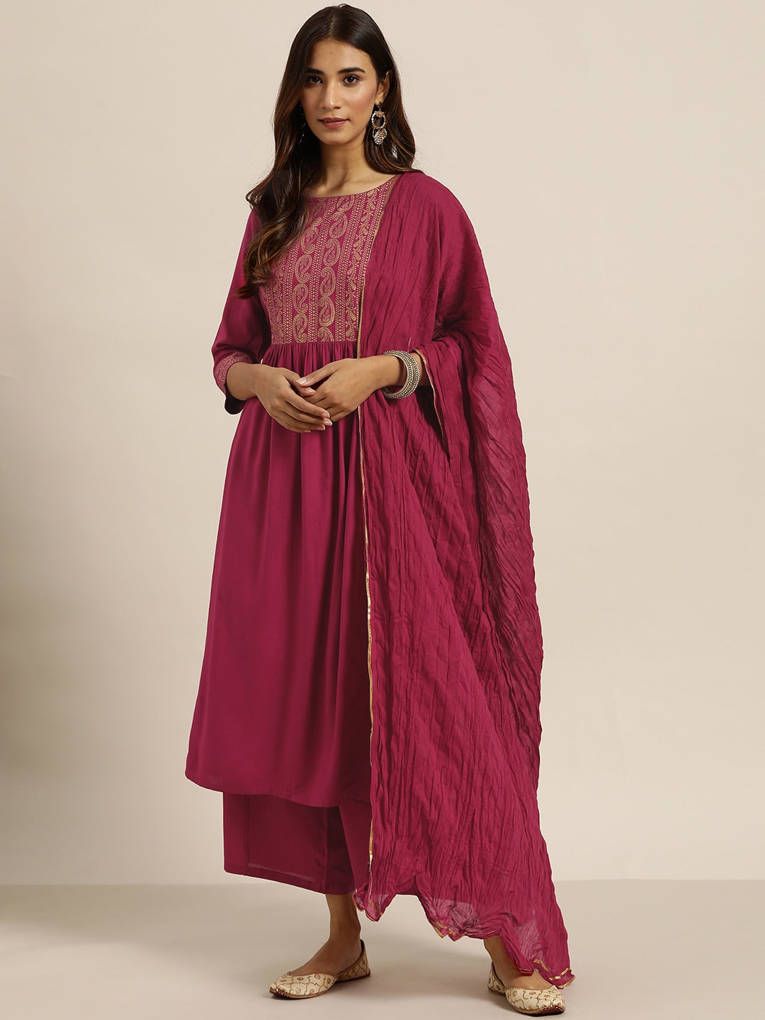 Sangria Women Magenta & Golden Printed Kurta with Palazzos & Dupatta - Distacart