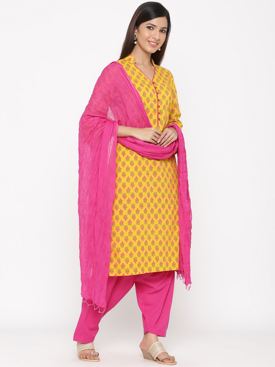 Jaipur Kurti Women Yellow & Pink Floral Printed Kurta with Salwar & Dupatta - Distacart