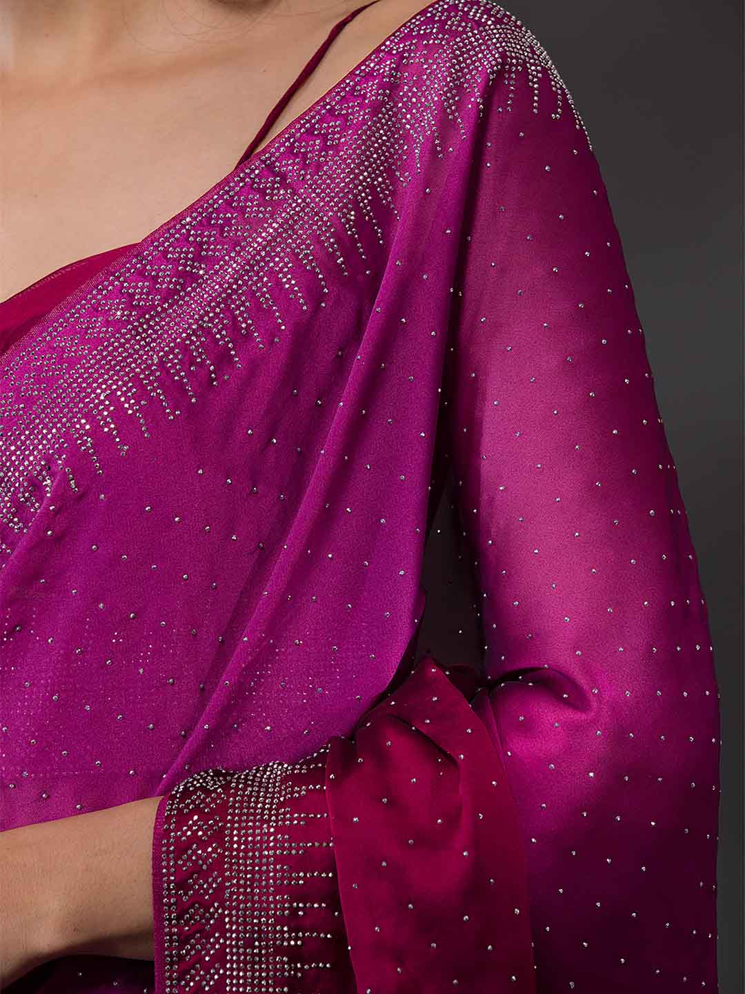 Koskii Women Maroon & Silver-Toned Beads and Stones Embellished Saree - Distacart
