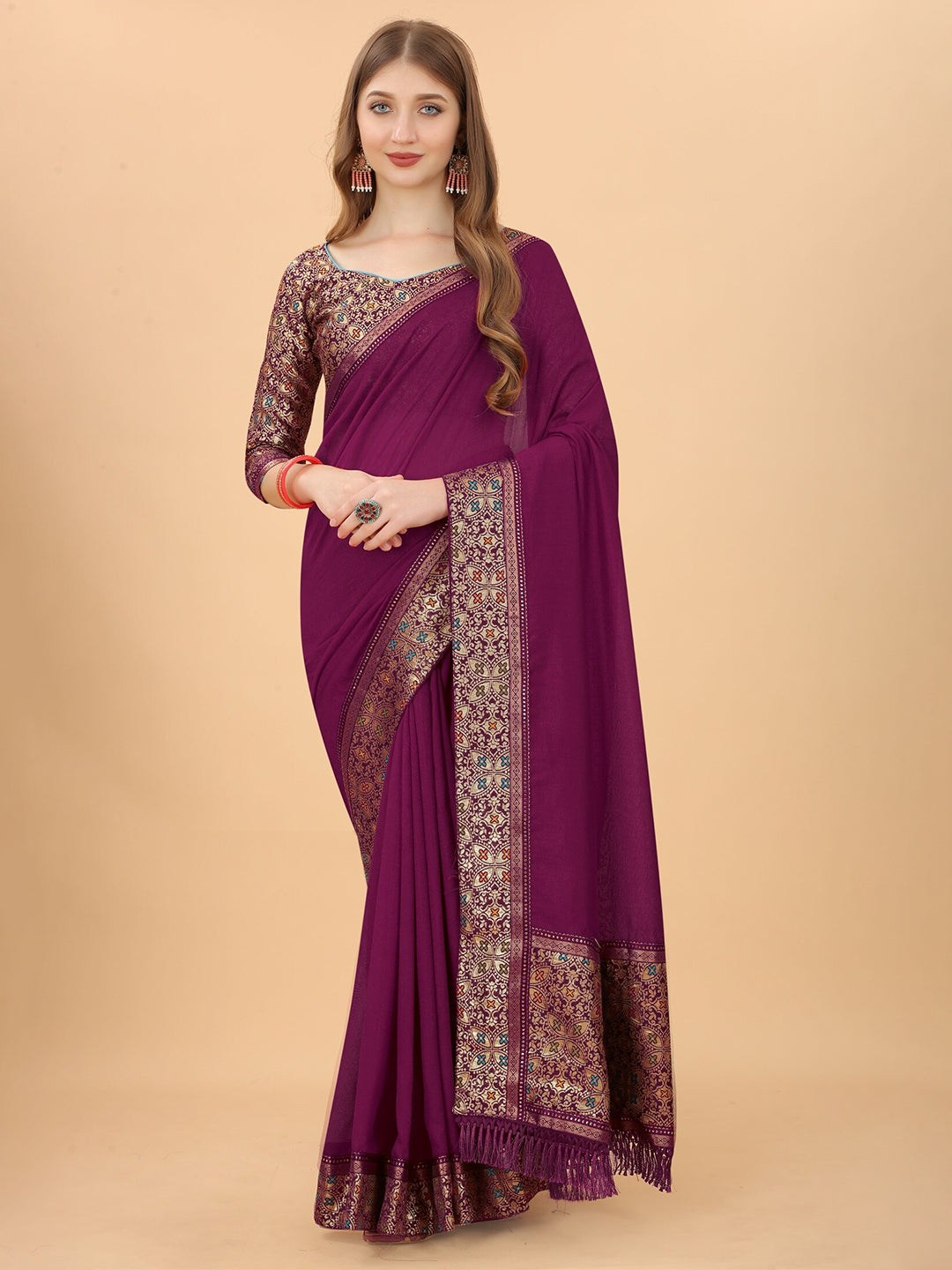 Kalini Purple & Red Pure Silk Saree - Distacart
