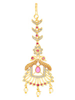 Thumbnail for Yellow Chimes Women Gold -Toned Pink & White American Diamond Studded Handcrafted Maang Tikka - Distacart