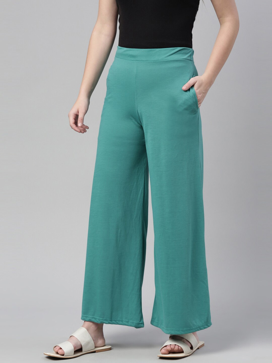 Souchii Turquoise Blue Knitted Palazzos - Distacart