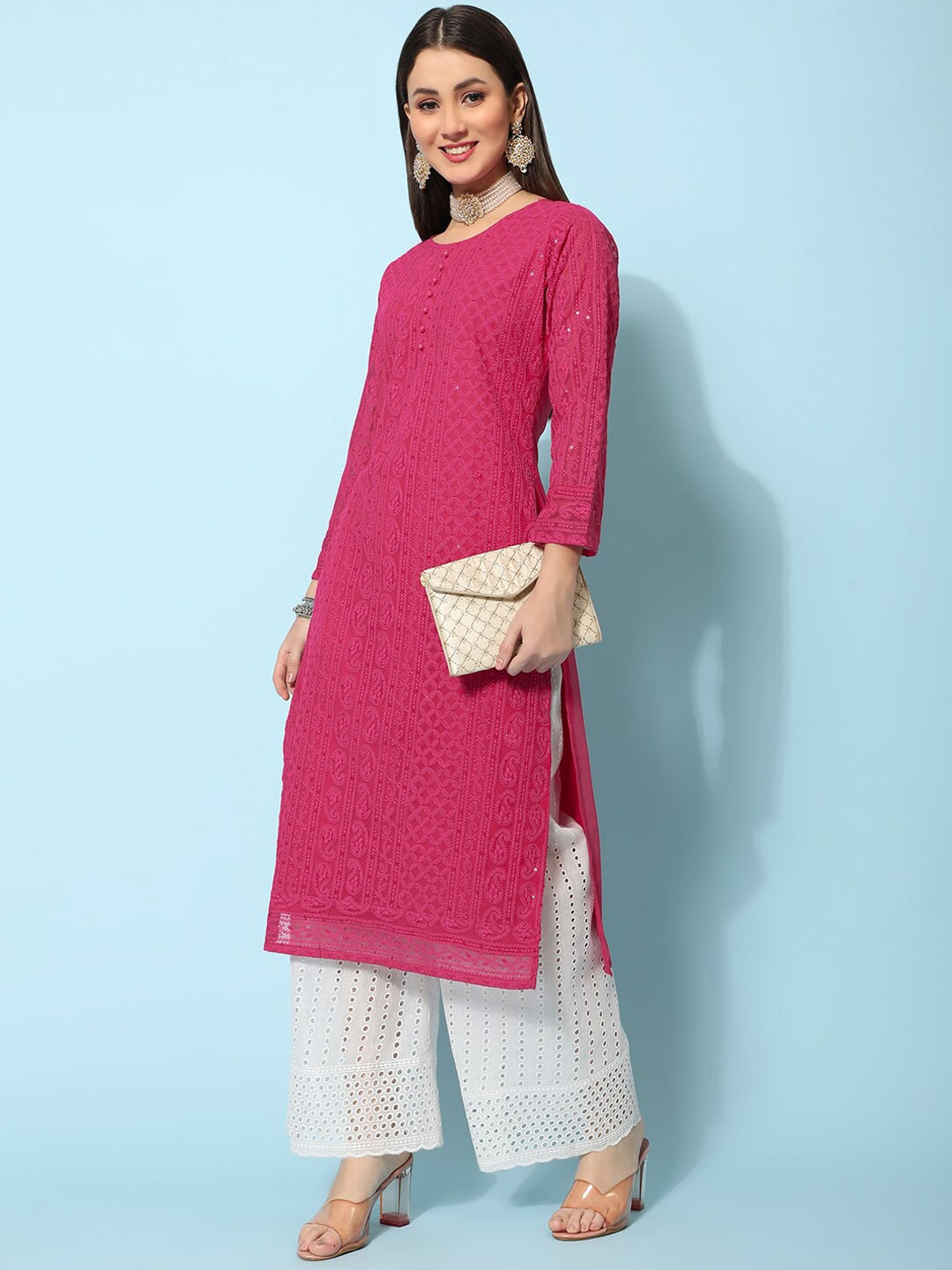 Kalini Ethnic Motifs Embroidered Chikankari Georgette Kurta - Distacart