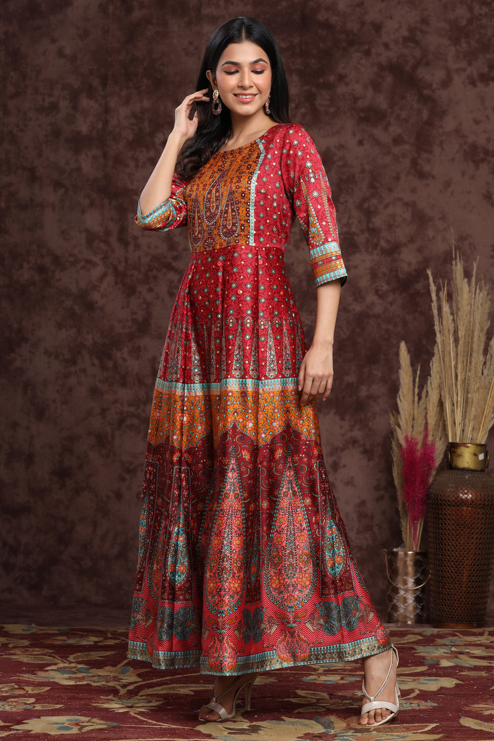 Juniper Women's Maroon Dull Satin Printed Anarkali Dress - Distacart