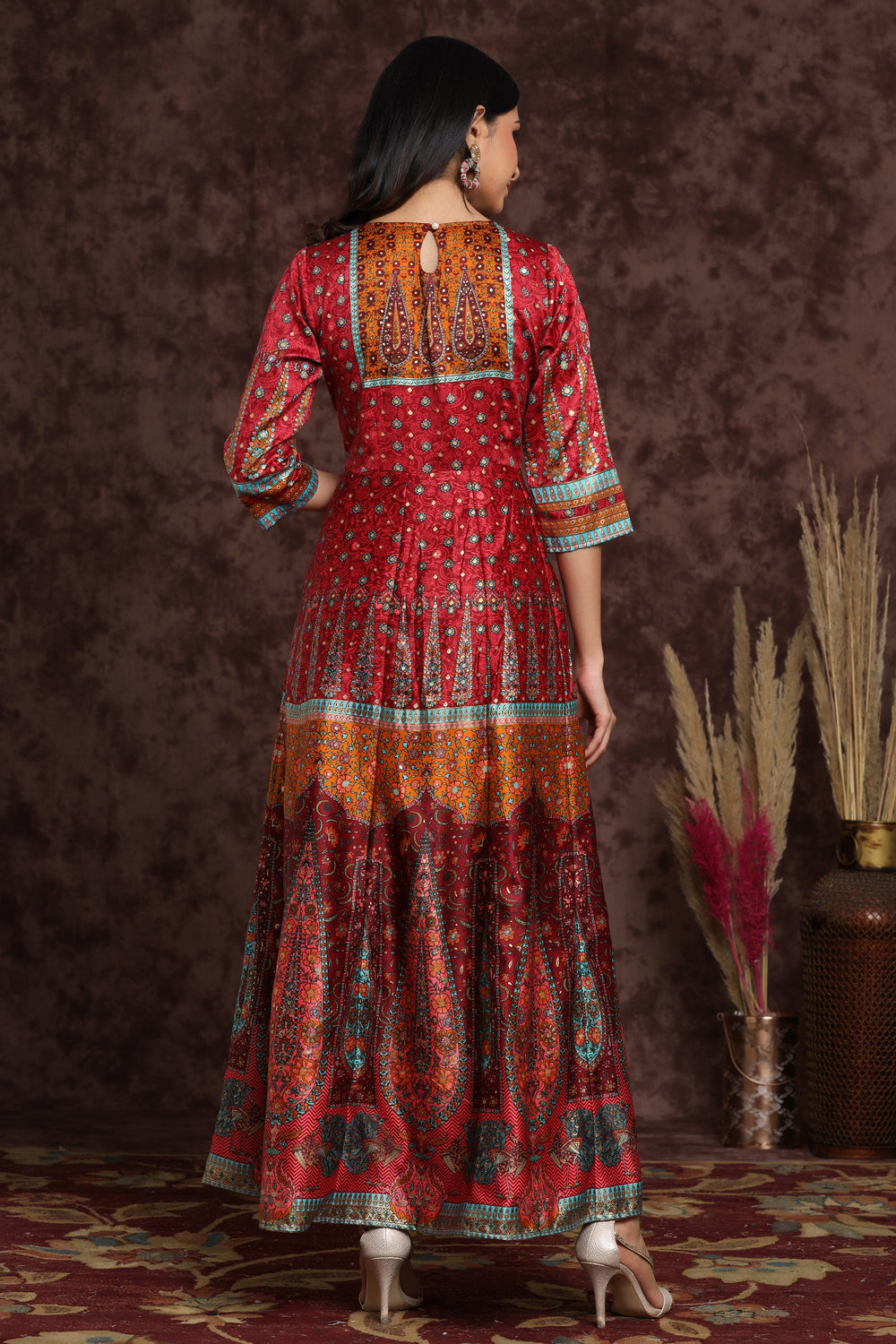 Juniper Women's Maroon Dull Satin Printed Anarkali Dress - Distacart