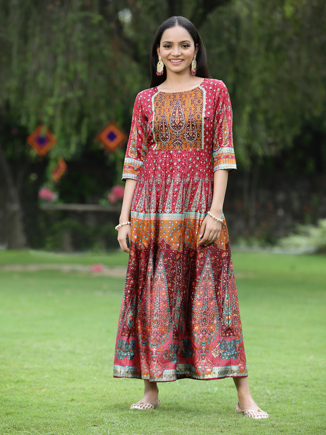 Juniper Womens Maroon Dull Satin Floral Print Maxi Dress - Distacart