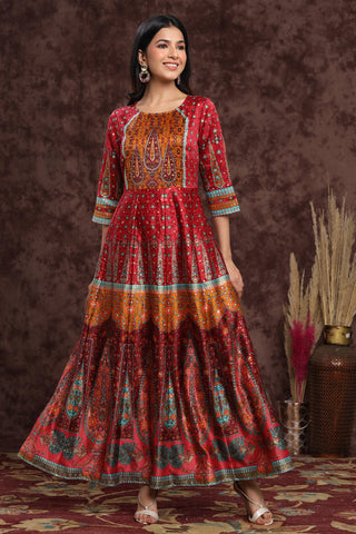 Juniper Women's Maroon Dull Satin Printed Anarkali Dress - Distacart
