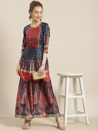 Juniper Womens Navyblue Dull Satin Floral Print Maxi Dress - Distacart