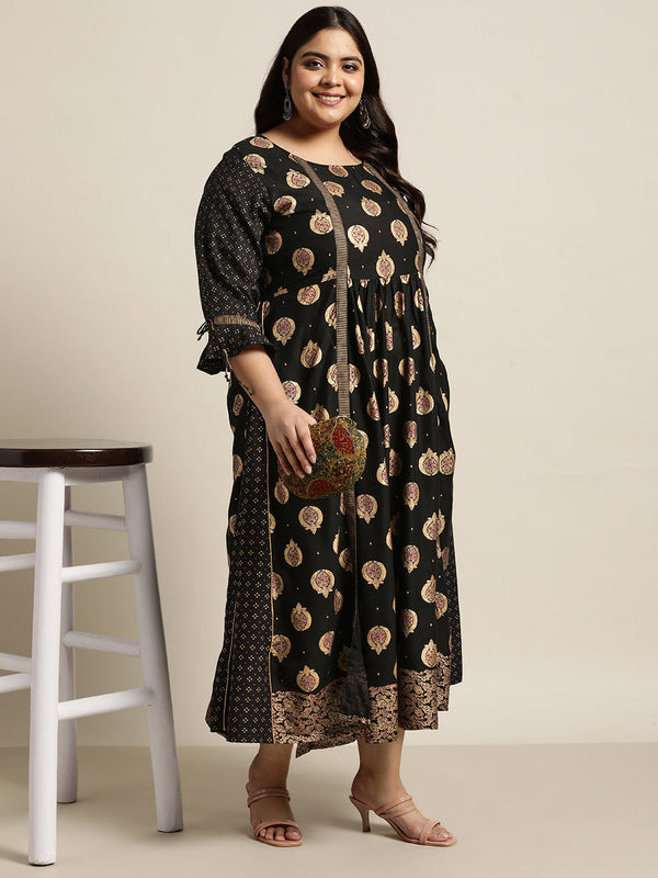 Juniper Women's Black Rayon Festive Wear Printed Jacket Style Dress - Distacart