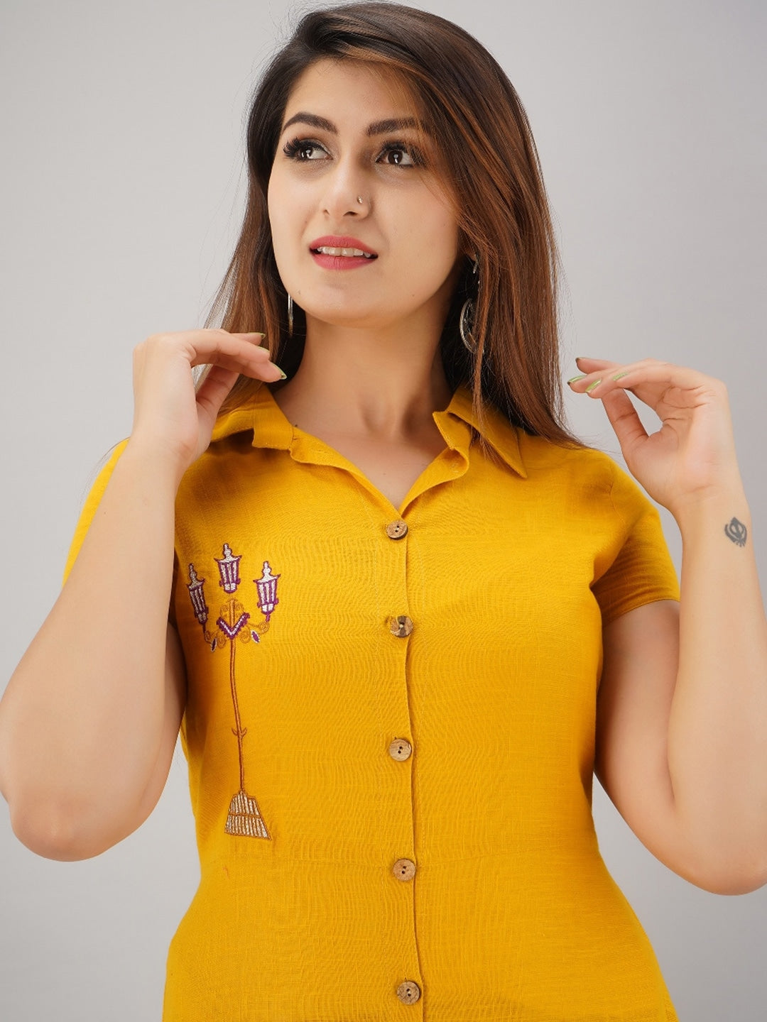 HERE&NOW Mustard Yellow Shirt Collar Thread Work A-Line Kurta - Distacart