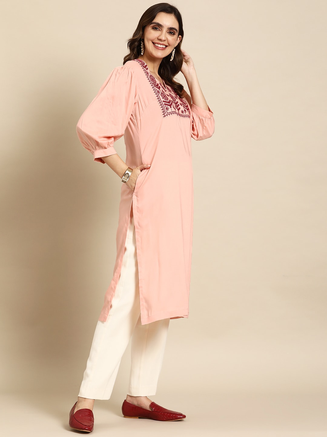 Sangria Floral Embroidered Kurta - Distacart