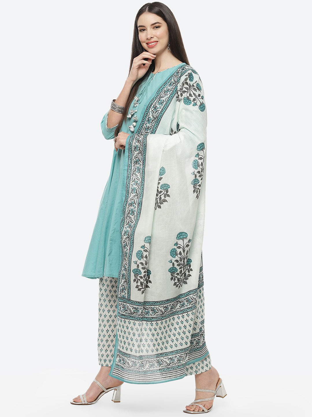 Biba Women Turquoise Blue Floral Yoke Design Panelled Pure Cotton Kurti with Trousers & With Dupatta - Distacart