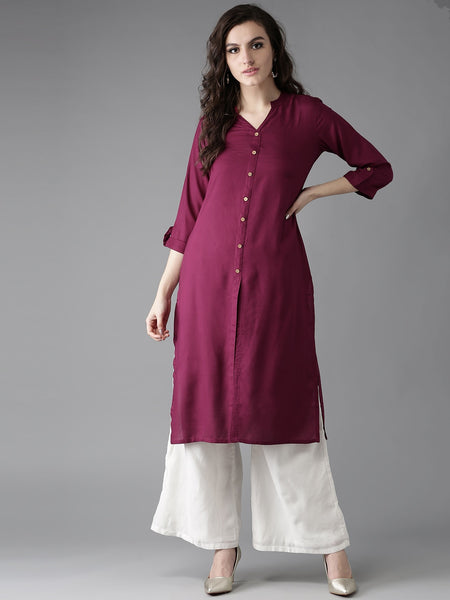 HERE&NOW Women Burgundy Solid Straight Kurta - Distacart