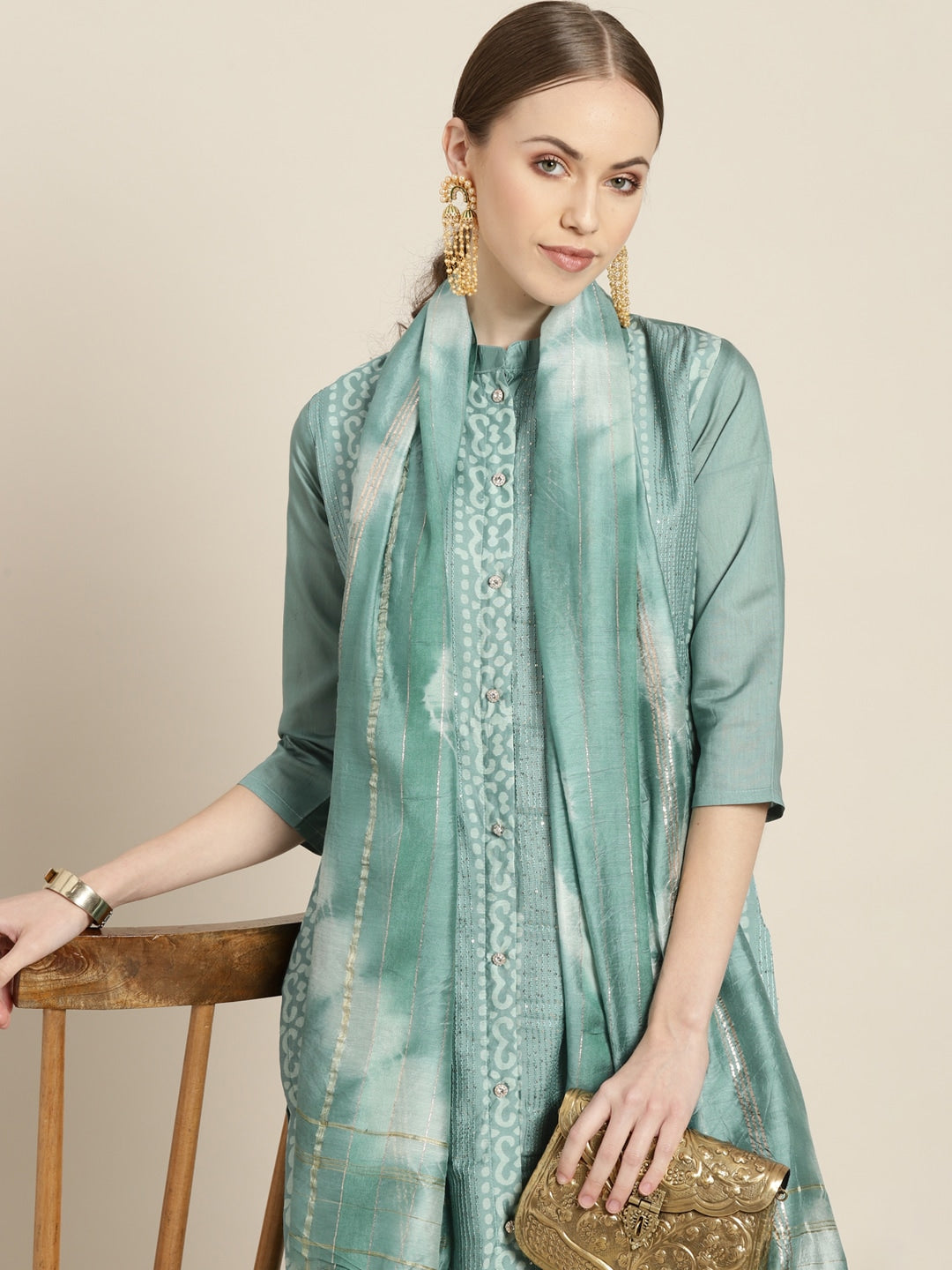 Sangria Women Sea Green Ethnic Motifs Sequinned Liva Kurta with Trousers & With Dupatta - Distacart