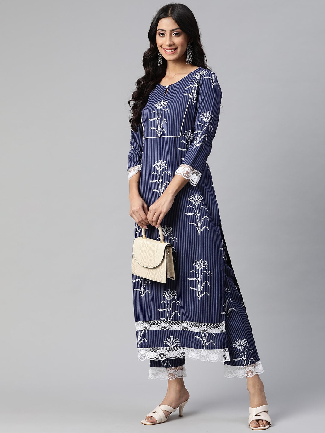 Kalini Women Navy Blue & White Ethnic Motifs Printed Kurta with Trousers - Distacart