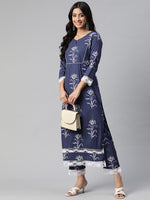 Thumbnail for Kalini Women Navy Blue & White Ethnic Motifs Printed Kurta with Trousers - Distacart