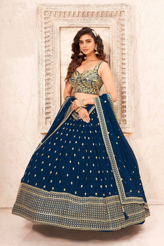 Teal Faux Georgette Embroidery sequence work Lehenga Choli with Dupatta - Dhvani - Distacart