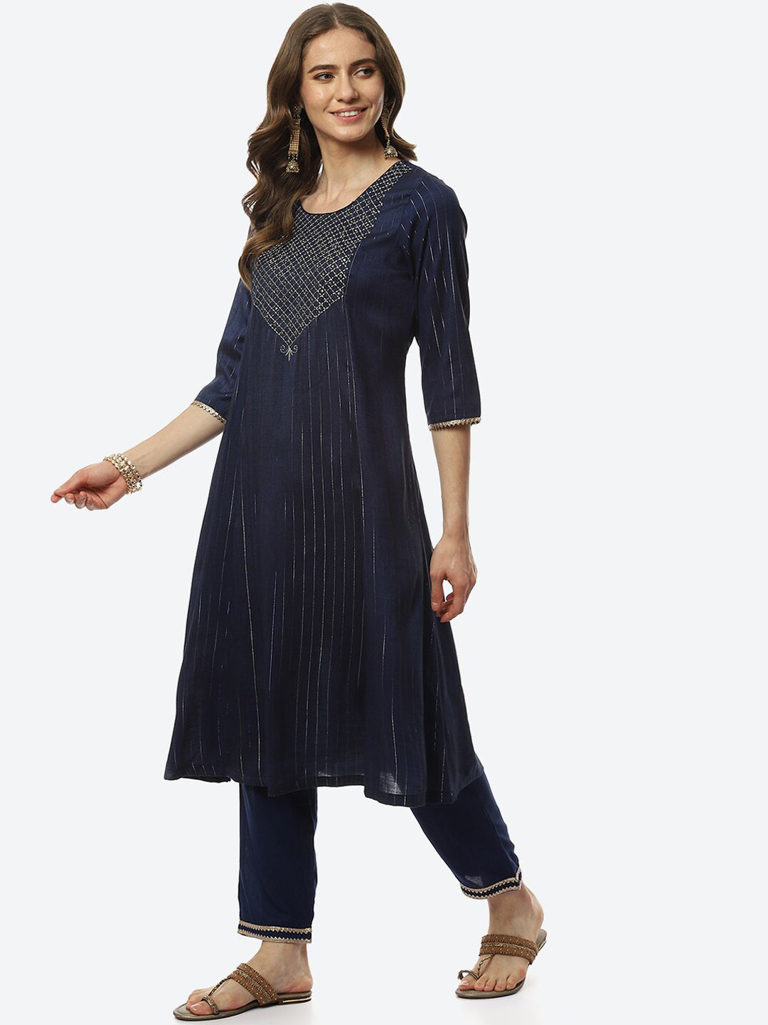 Biba Women Navy Blue Printed Kurta with Trousers - Distacart