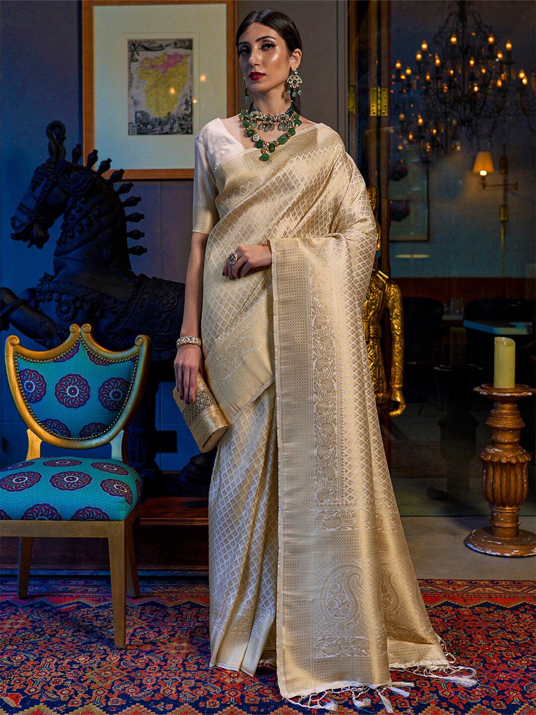 Mitera Cream-Coloured & Gold-Toned Ethnic Motifs Zari Silk Blend Kanjeevaram Saree - Distacart