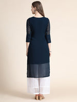 Thumbnail for Kalini Women Blue Embroidered Thread Work Floral Georgette Kurta - Distacart