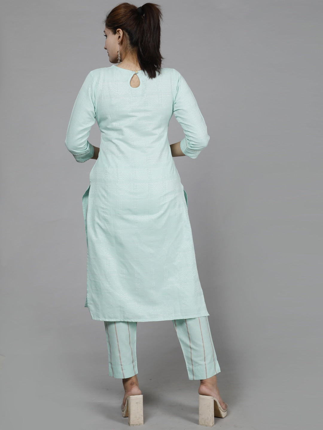 HERE&NOW Green Ethnic Motifs Embroidered Sequined Cotton Kurta Set - Distacart