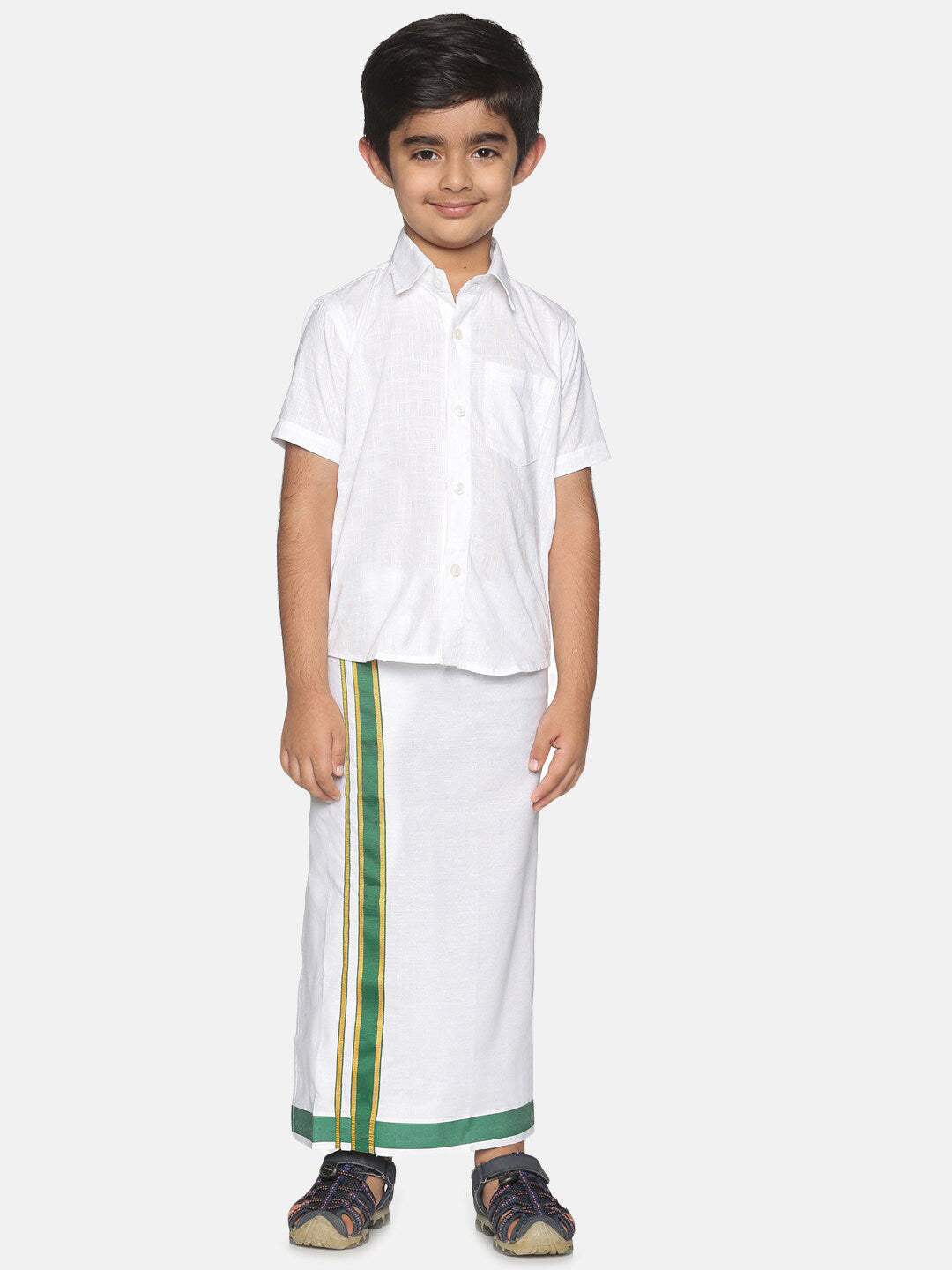 Sethukrishna Boys White & Green Pure Cotton Shirt with Dhoti - Distacart