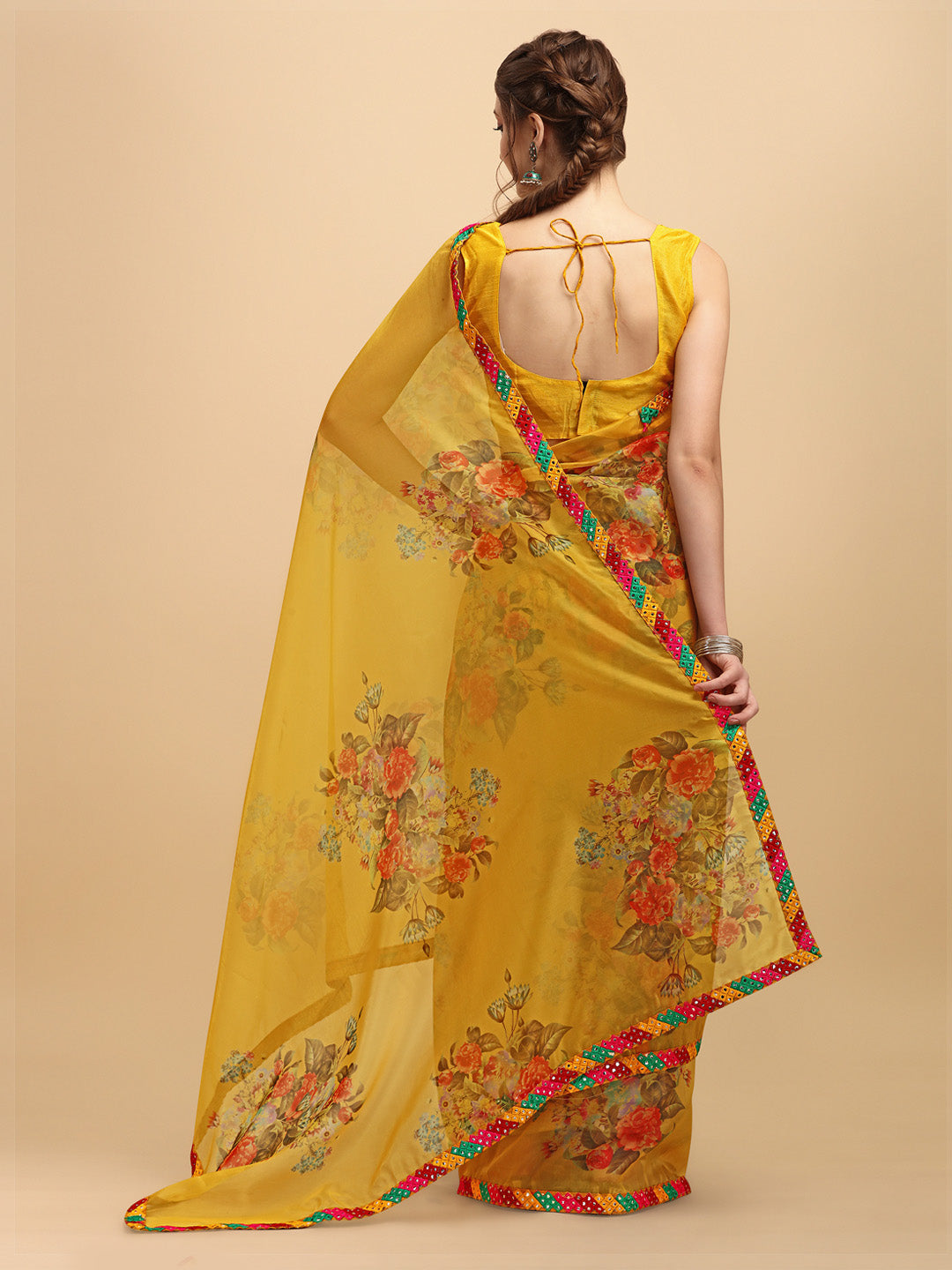 Sangria Mustard & Orange Floral Mirror Work Organza Saree - Distacart