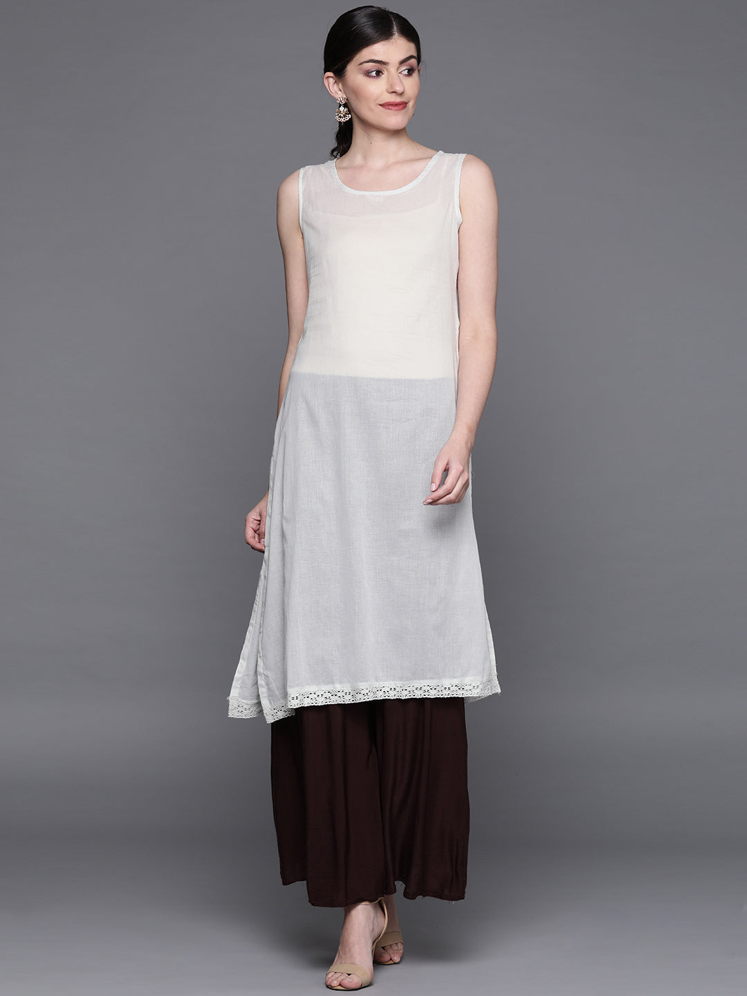 Biba Women Grey & Beige Floral Embroidered A-lIne Layered Kurta - Distacart