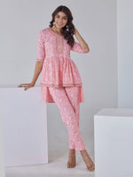 Thumbnail for HERE&NOW Floral Printed Embroidered Sequinned High-Low Kurti with Trouserss - Distacart
