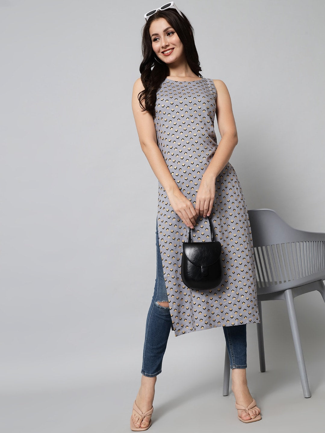 Kalini Women Grey Geometric Printed Kurta - Distacart
