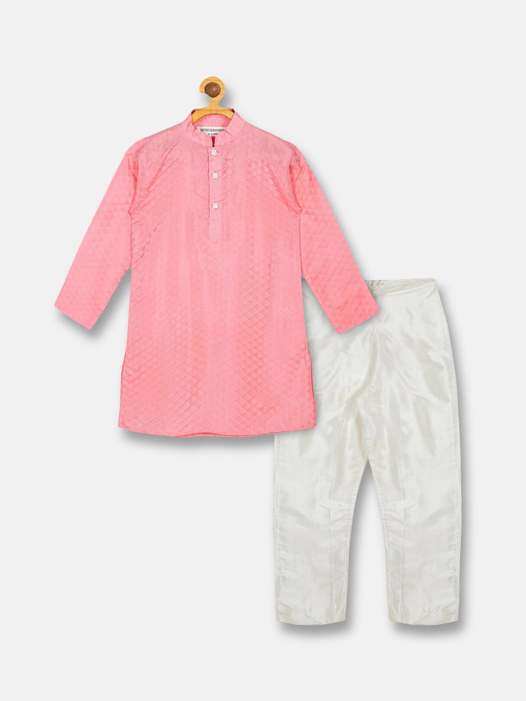 Sethukrishna Boys Pink Self Design Jacquard Art Silk Kurta with Pyjamas - Distacart