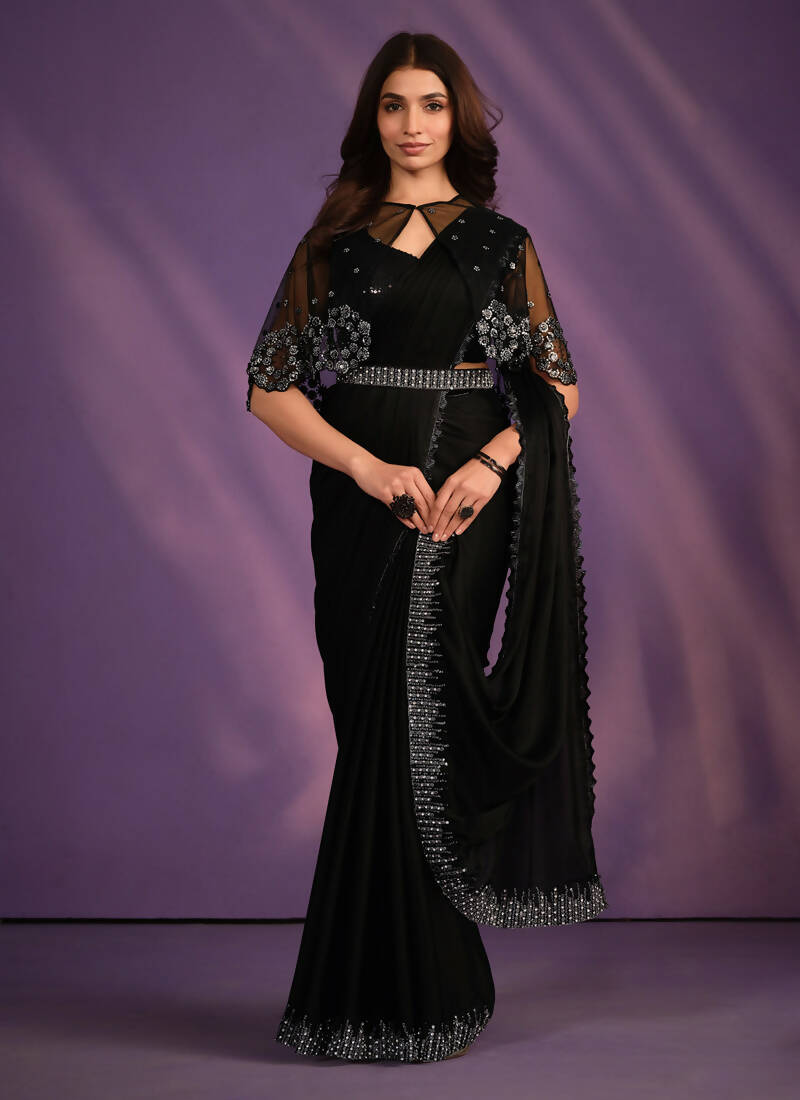 Black Crepe Satin Silk Embroidered Saree With Stitched Blouse - Mohmanthan Exotica - Distacart