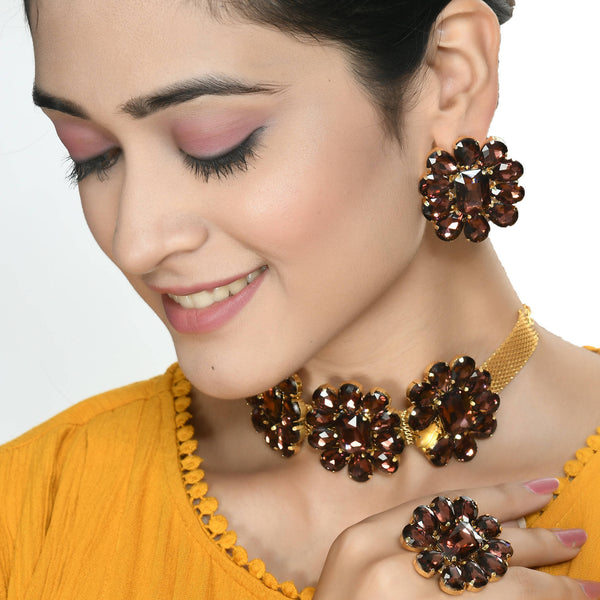 Mominos Fashion Joharkamal Gold-Plated Brass Finish Stone Choker For Women & Girls (Brown) - Distacart
