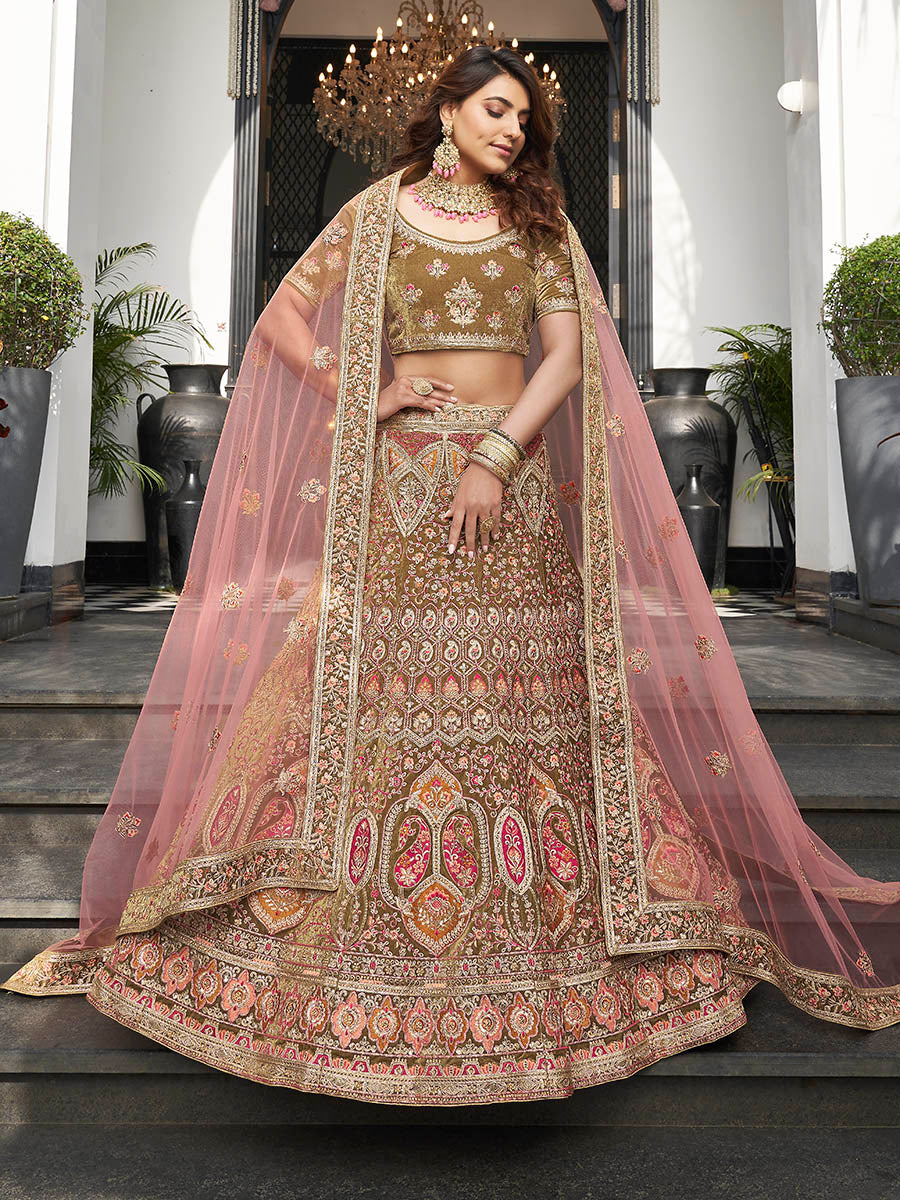 Myra Olive Green Velvet Embroidered Designer Lehenga - Distacart
