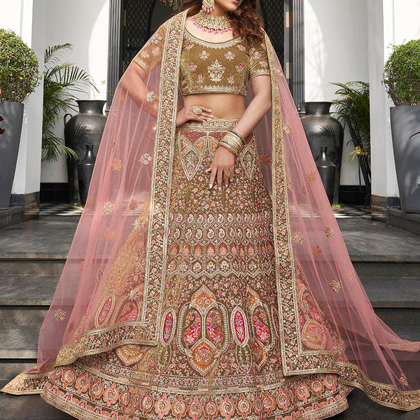 Myra Olive Green Velvet Embroidered Designer Lehenga - Distacart
