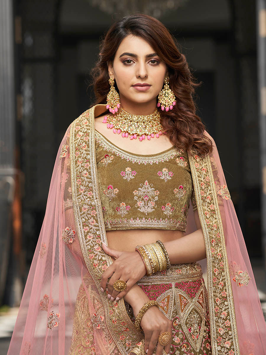 Myra Olive Green Velvet Embroidered Designer Lehenga - Distacart