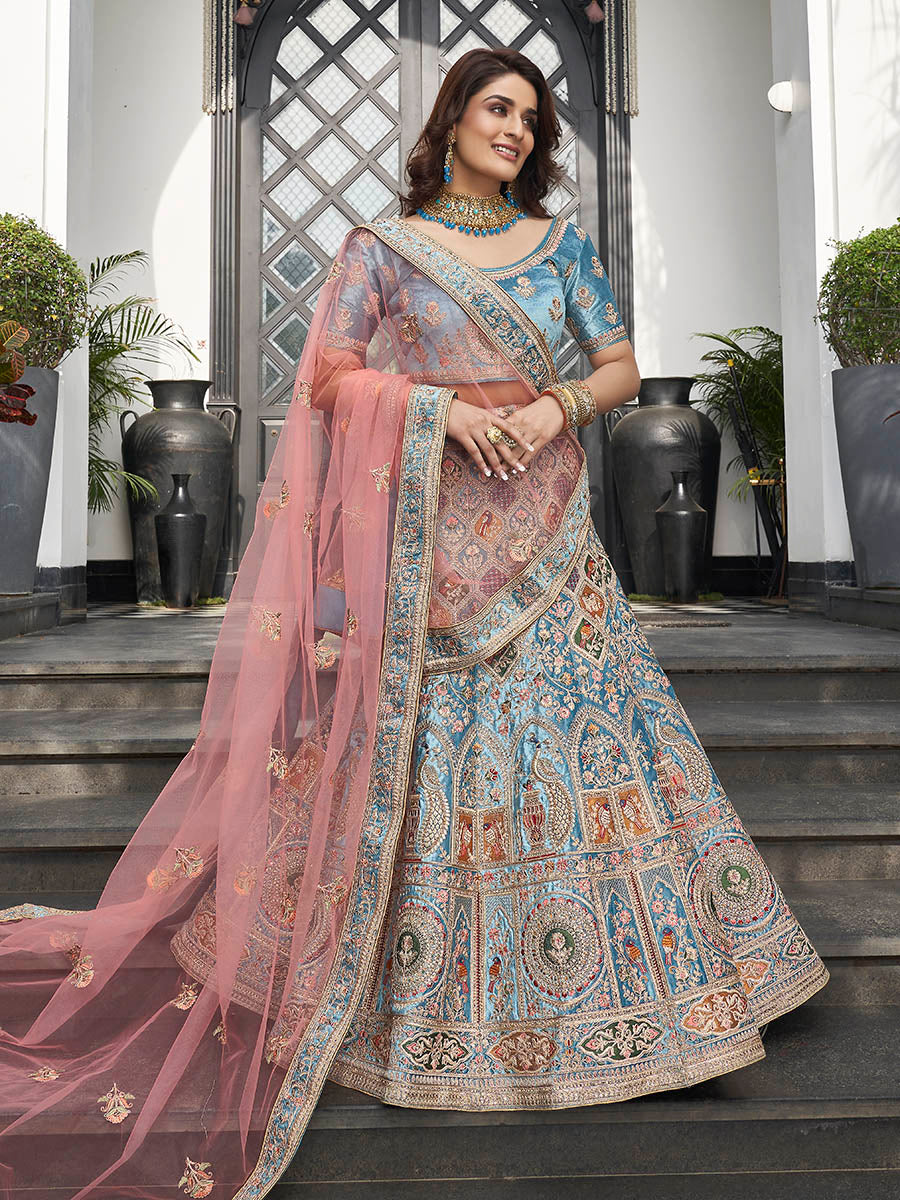 Myra Turquoise Velvet Embroidered Designer Lehenga - Distacart